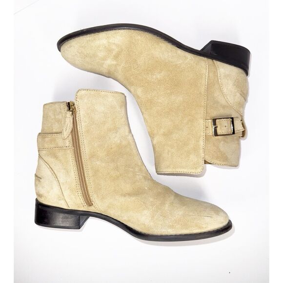 Talbots Tish  Ankle Boots Buckle Bootie Beige Suede Leather Zip Low Block Heel 8 - Picture 9 of 16